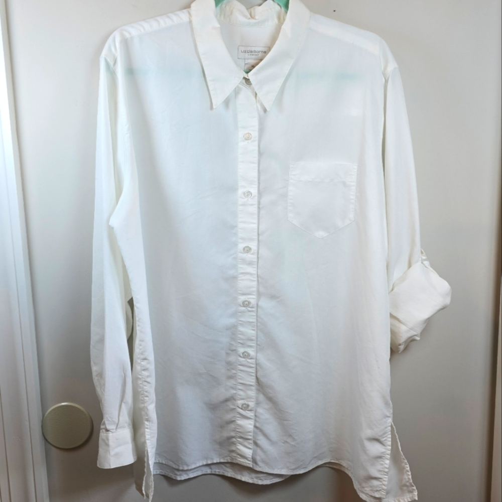 Women's Liz Claiborne Shirt White Button-down Roll-up Button Sleeve XL